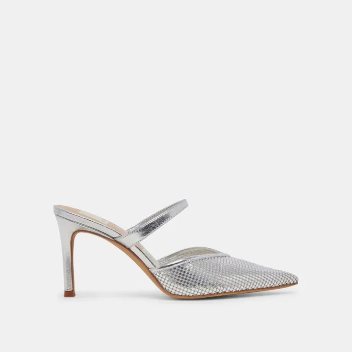Dolce Vita Kanika Mesh Heels Silver Metallic Mesh Women Mules and Clogs