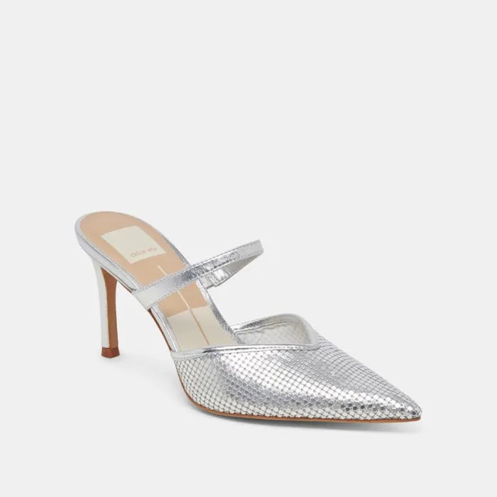 Dolce Vita Kanika Mesh Heels Silver Metallic Mesh Women Mules and Clogs