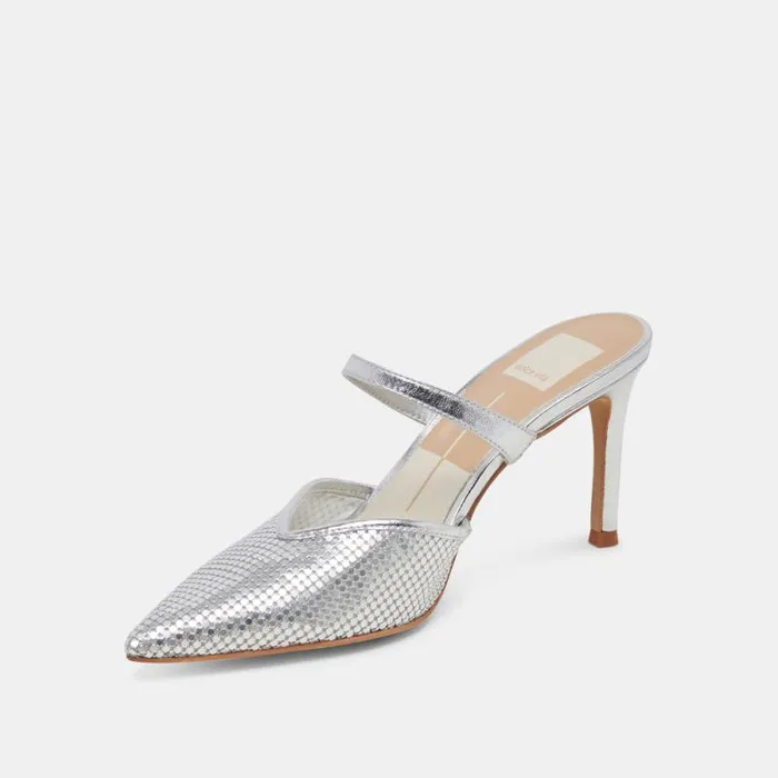 Dolce Vita Kanika Mesh Heels Silver Metallic Mesh Women Mules and Clogs