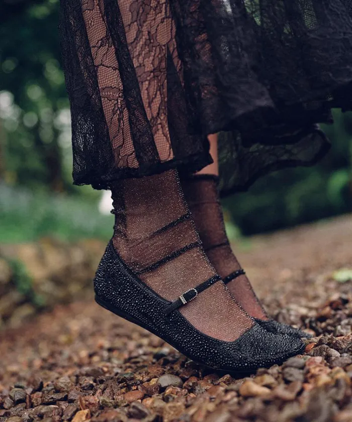 Dolce Vita Reyes Crystal Ballet Flats Black Metallic Crystal Women Flats and Loafers