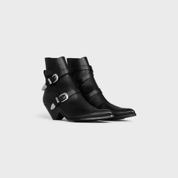 Double Buckle Zipped Conique Boot In Shiny Calfskin Black Men CELINE BOOTS