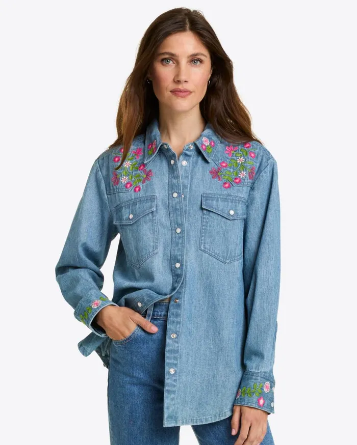 Draper James Tops Women Lynn Embroidered Long Sleeve Top In Denim