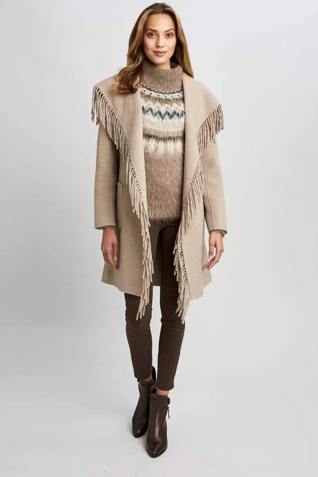 Elie Tahari Coats Long Sleeve Fringe Detail Wrap Coat Oats 8211 Women
