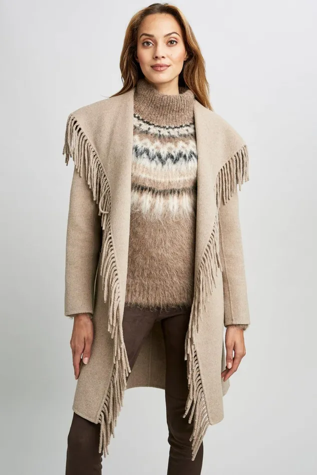 Elie Tahari Coats Long Sleeve Fringe Detail Wrap Coat Oats 8211 Women