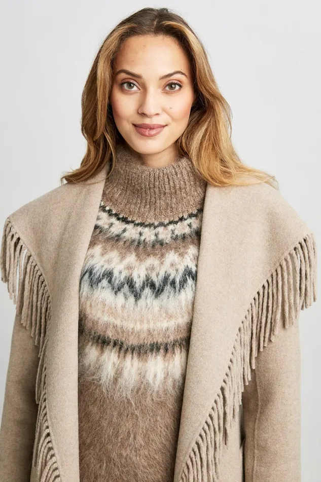 Elie Tahari Coats Long Sleeve Fringe Detail Wrap Coat Oats 8211 Women
