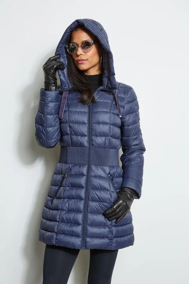 Elie Tahari Coats Tahari Lightweight Hooded Cinched Puffer Coat Navy 8211 Women