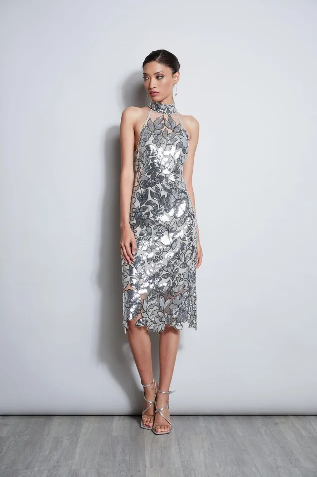 Elie Tahari Dresses and Jumpsuits Sequin Floral Halter Dress Silver Multi 8211 Women Elie Tahari Dresses and Jumpsuits Sequin Floral Halter Dress Silver Multi 8211 Women