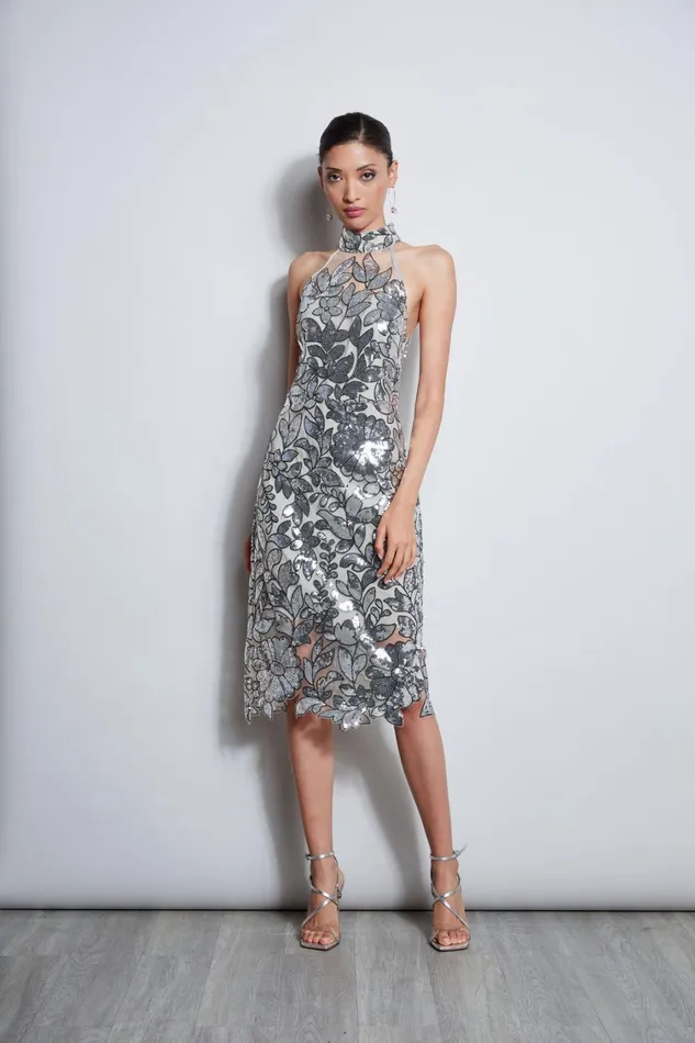 Elie Tahari Dresses and Jumpsuits Sequin Floral Halter Dress Silver Multi 8211 Women