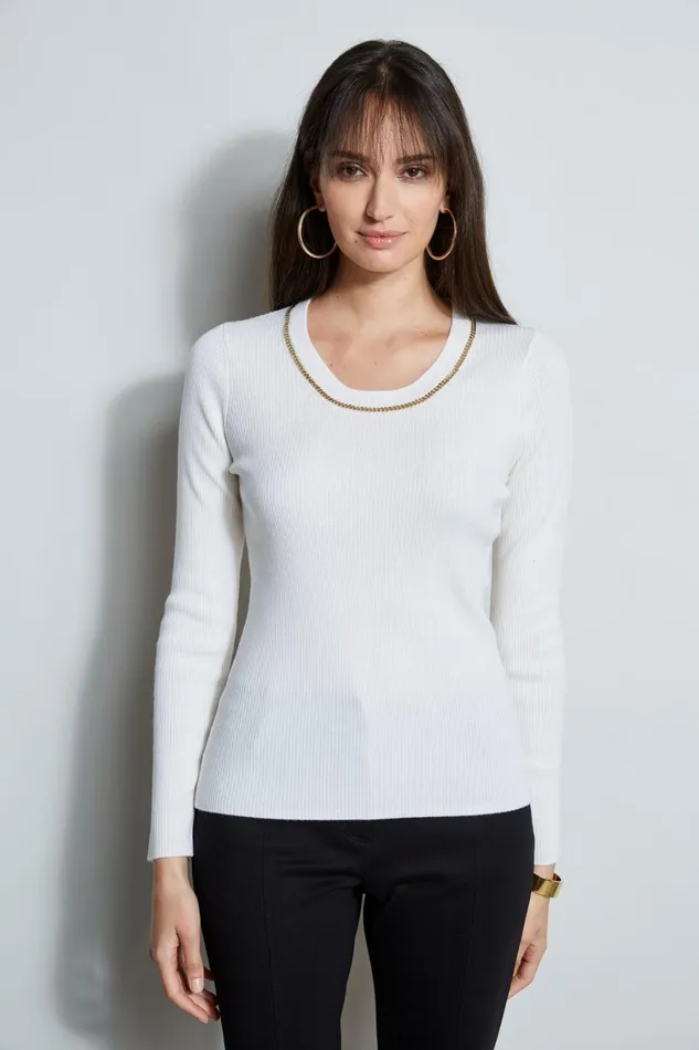 Elie Tahari Knits and Sweaters Merino Rib Chain Detail Sweater Snow 8211 Women