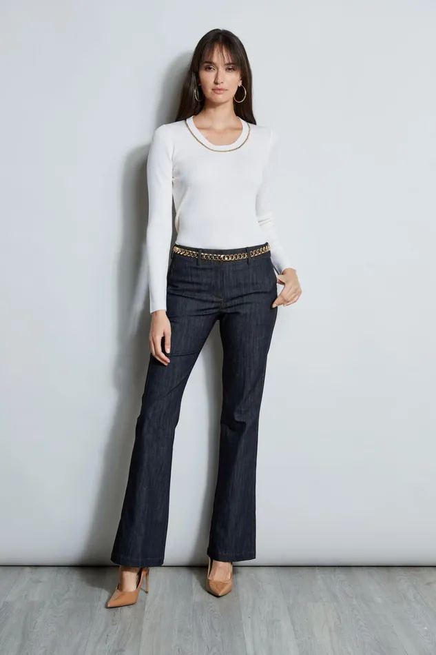 Elie Tahari Knits and Sweaters Merino Rib Chain Detail Sweater Snow 8211 Women