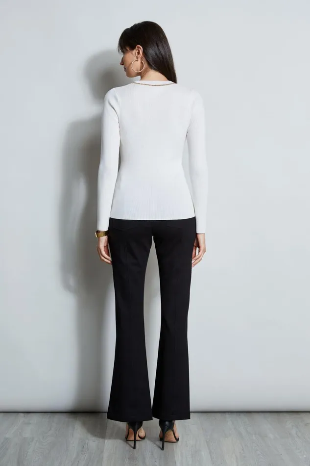 Elie Tahari Knits and Sweaters Merino Rib Chain Detail Sweater Snow 8211 Women