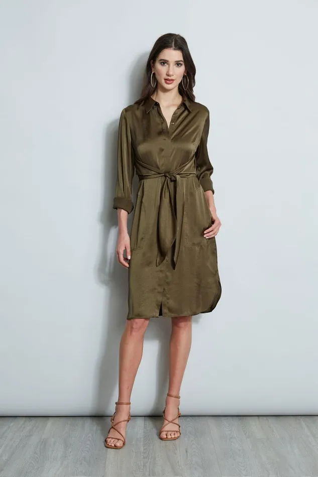 Elie Tahari Long Sleeve Dresses Satin Tie Shirt Dress Savoy 8211 Women