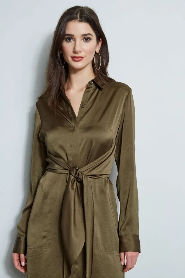 Elie Tahari Long Sleeve Dresses Satin Tie Shirt Dress Savoy 8211 Women