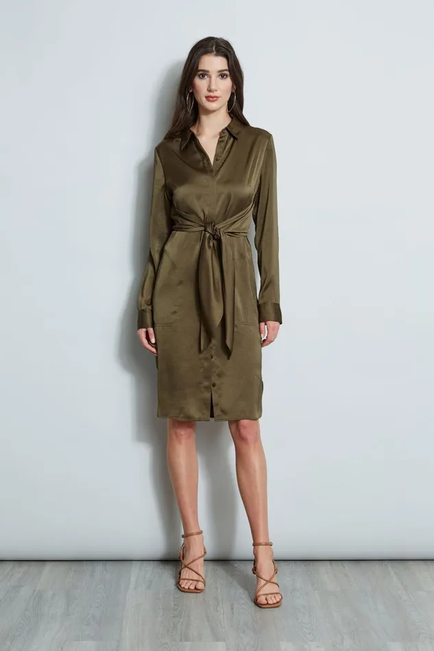 Elie Tahari Long Sleeve Dresses Satin Tie Shirt Dress Savoy 8211 Women