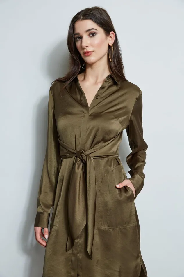Elie Tahari Long Sleeve Dresses Satin Tie Shirt Dress Savoy 8211 Women