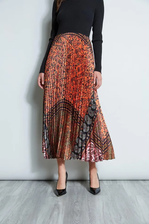 Elie Tahari Midi Dresses Printed Pleated Midi Dress Noir And Taj Print 8211 Women