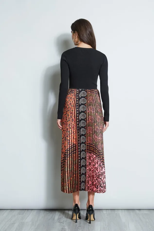 Elie Tahari Midi Dresses Printed Pleated Midi Dress Noir And Taj Print 8211 Women