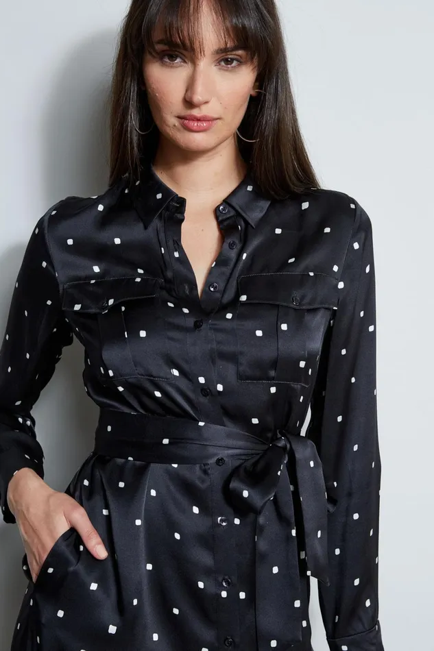 Elie Tahari Midi Dresses Silk Cube Dot Shirt Dress Blackfoam 8211 Women