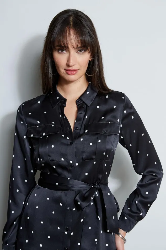 Elie Tahari Midi Dresses Silk Cube Dot Shirt Dress Blackfoam 8211 Women