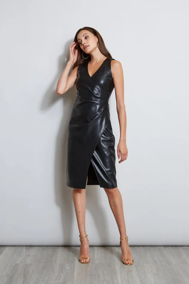 Elie Tahari Short Dresses Vegan Leather Ruched Wrap Dress Noir 8211 Women