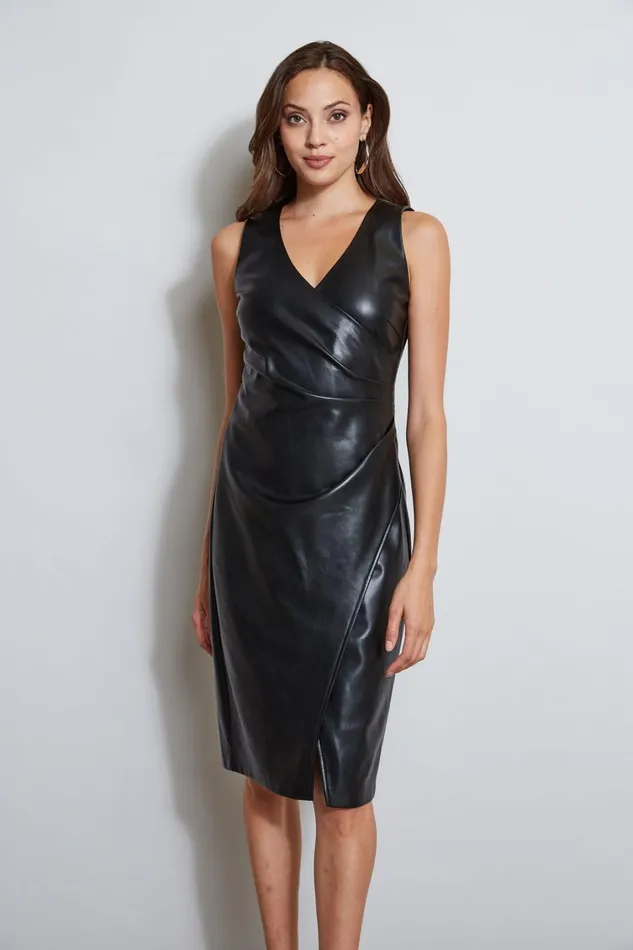 Elie Tahari Short Dresses Vegan Leather Ruched Wrap Dress Noir 8211 Women