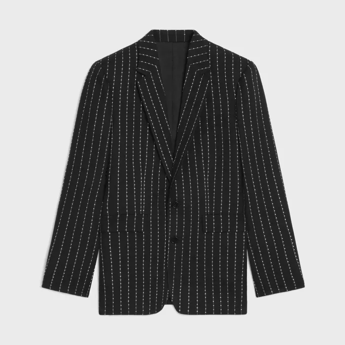 Embroidered Classic Jacket In Striped Wool Black White Men CELINE JACKETS and TROUSERS Embroidered Classic Jacket In Striped Wool Black White Men CELINE JACKETS and TROUSERS