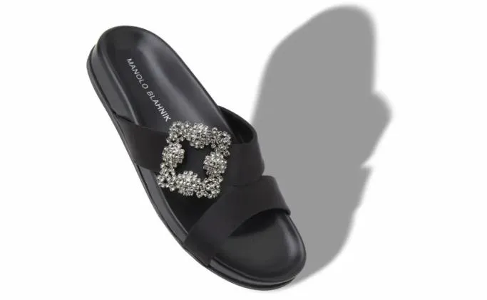 Flats Women Manolo Blahnik CHILANGHIBlack Satin Jewel Buckle Flat Mules