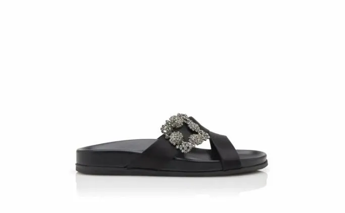 Flats Women Manolo Blahnik CHILANGHIBlack Satin Jewel Buckle Flat Mules Flats Women Manolo Blahnik CHILANGHIBlack Satin Jewel Buckle Flat Mules