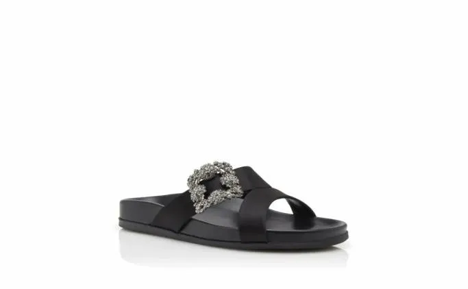 Flats Women Manolo Blahnik CHILANGHIBlack Satin Jewel Buckle Flat Mules Flats Women Manolo Blahnik CHILANGHIBlack Satin Jewel Buckle Flat Mules
