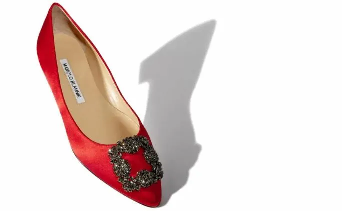 Flats Women Manolo Blahnik HANGISIFLATRed Satin Jewel Buckle Flat Pumps