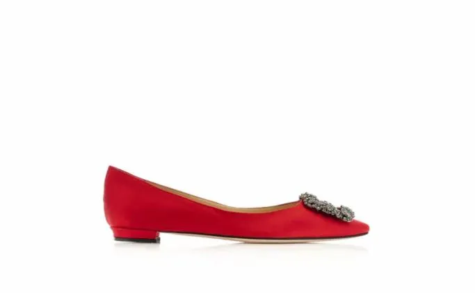 Flats Women Manolo Blahnik HANGISIFLATRed Satin Jewel Buckle Flat Pumps Flats Women Manolo Blahnik HANGISIFLATRed Satin Jewel Buckle Flat Pumps
