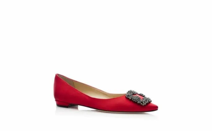 Flats Women Manolo Blahnik HANGISIFLATRed Satin Jewel Buckle Flat Pumps Flats Women Manolo Blahnik HANGISIFLATRed Satin Jewel Buckle Flat Pumps