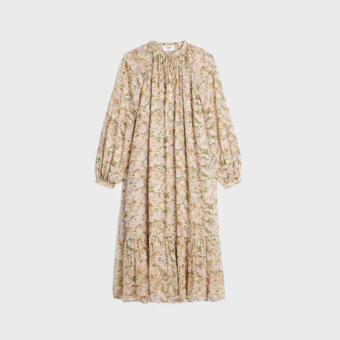 Folk Dress In Silk Crepon Vanillepastel Women CELINE DRESSES AND SKIRTS