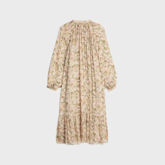 Folk Dress In Silk Crepon Vanillepastel Women CELINE DRESSES AND SKIRTS