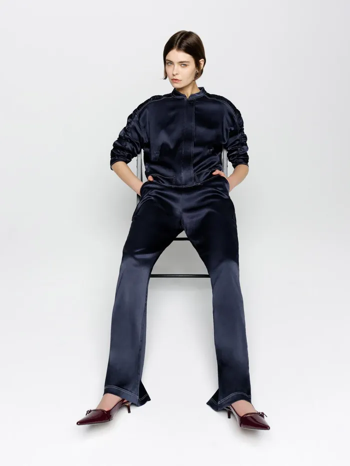 French Connection Akita Satin Wide Leg Trousers Navy Woman Trousers