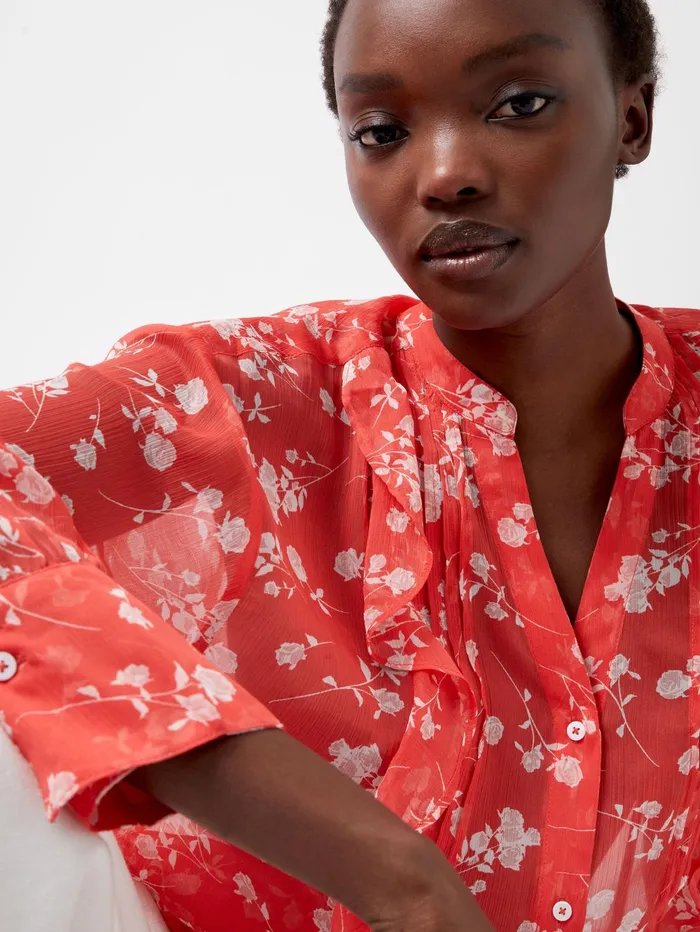 French Connection Alessandra Eco Delphine Long Sleeve Shirt Cayenne RedWhite Woman Tops