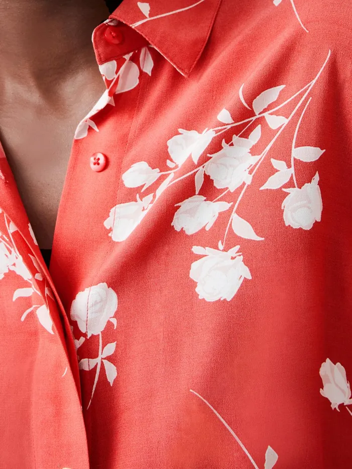 French Connection Alessandra Eco Delphine Long Sleeve Shirt Cayenne RedWhite Woman Tops