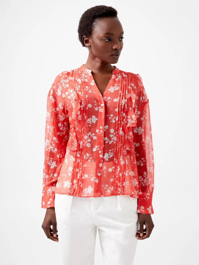 French Connection Alessandra Eco Delphine Long Sleeve Shirt Cayenne RedWhite Woman Tops