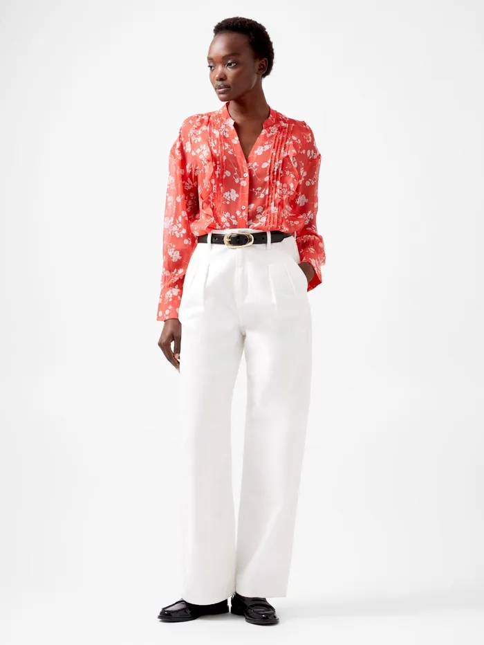 French Connection Alessandra Eco Delphine Long Sleeve Shirt Cayenne RedWhite Woman Tops