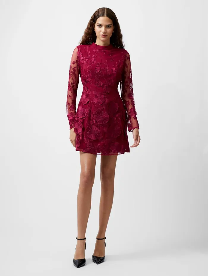 French Connection Astrida 3D Floral Mini Dress Baked Cherry Woman Dresses