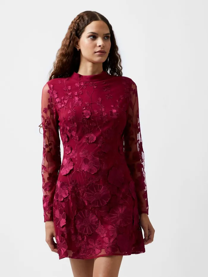 French Connection Astrida 3D Floral Mini Dress Baked Cherry Woman Dresses