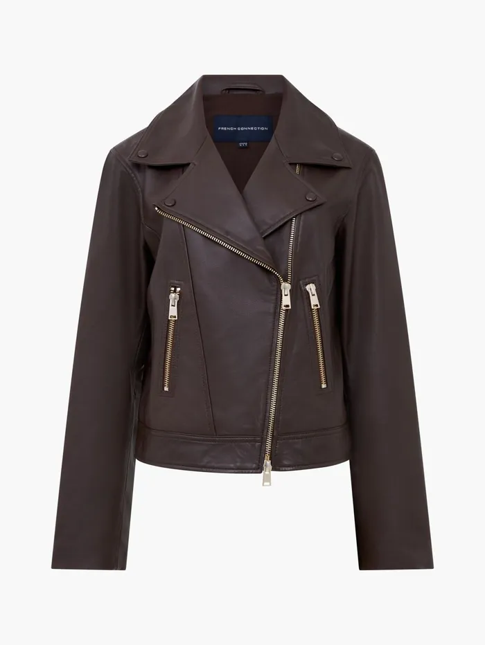 French Connection Becket Leather Military Jacket Chocolate Ganache Woman Coats and Jackets