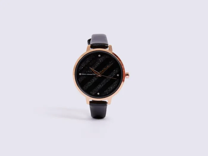 French Connection Black Leather Strap Watch Black Woman Jewellery