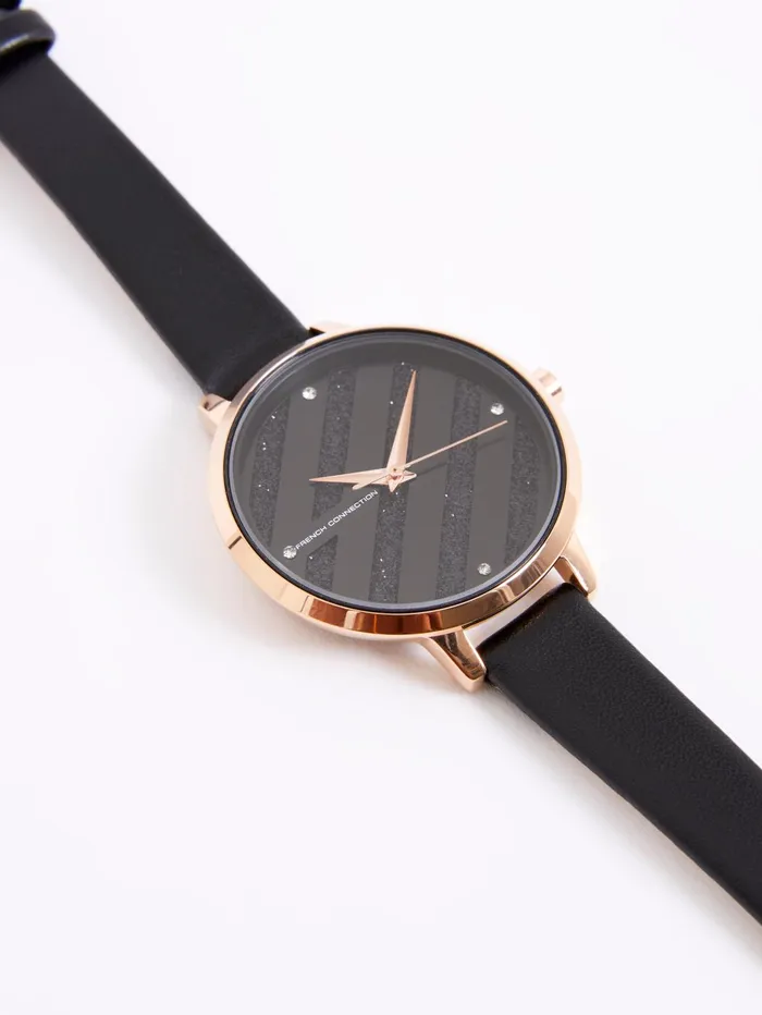 French Connection Black Leather Strap Watch Black Woman Jewellery