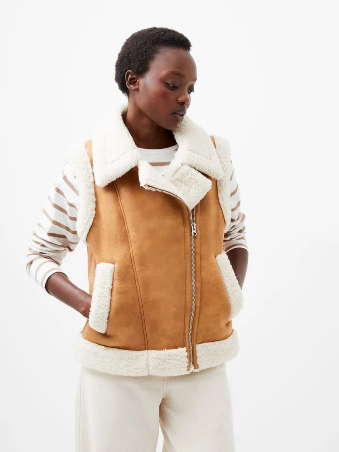 French Connection Camry Suedette Gilet TanCream Woman Coats and Jackets