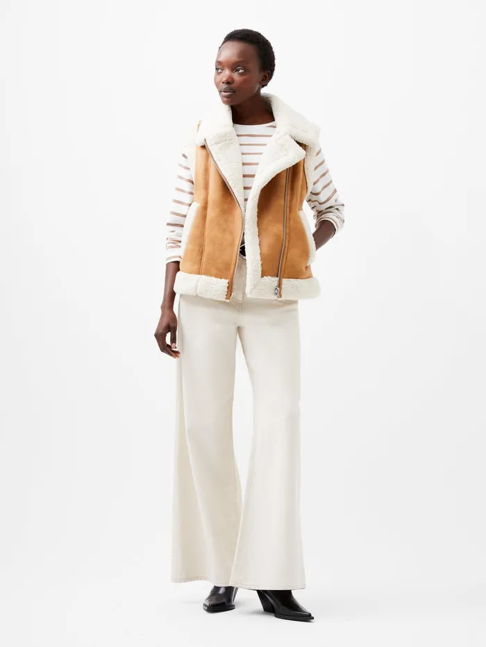 French Connection Camry Suedette Gilet TanCream Woman Coats and Jackets