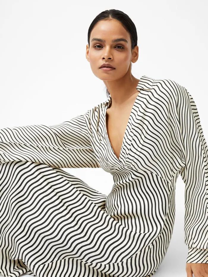 French Connection Candice Satin Stripe Midi Dress BlackCream Woman Dresses