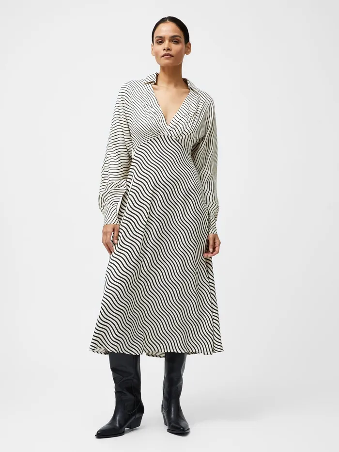 French Connection Candice Satin Stripe Midi Dress BlackCream Woman Dresses