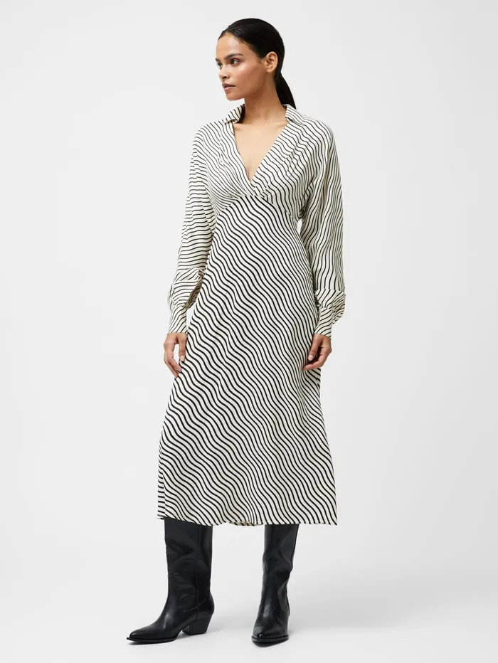 French Connection Candice Satin Stripe Midi Dress BlackCream Woman Dresses