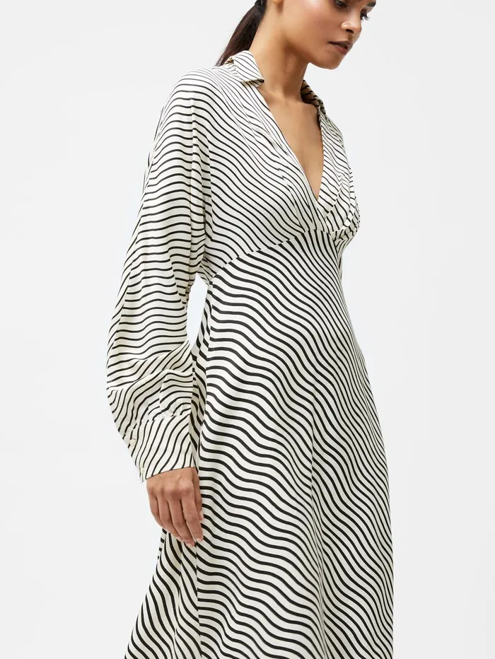 French Connection Candice Satin Stripe Midi Dress BlackCream Woman Dresses